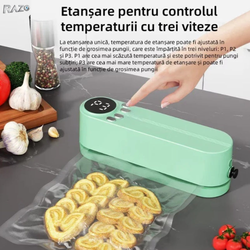 Kit compact RAZO de sigilare, Vidare, Afișaj digital LED, Alimentare USB 5V, Putere 10W, Sigilare automata pentru pungi reutilizabile, Conservare eficient carne, legume, fructe, Design portabil, Verde