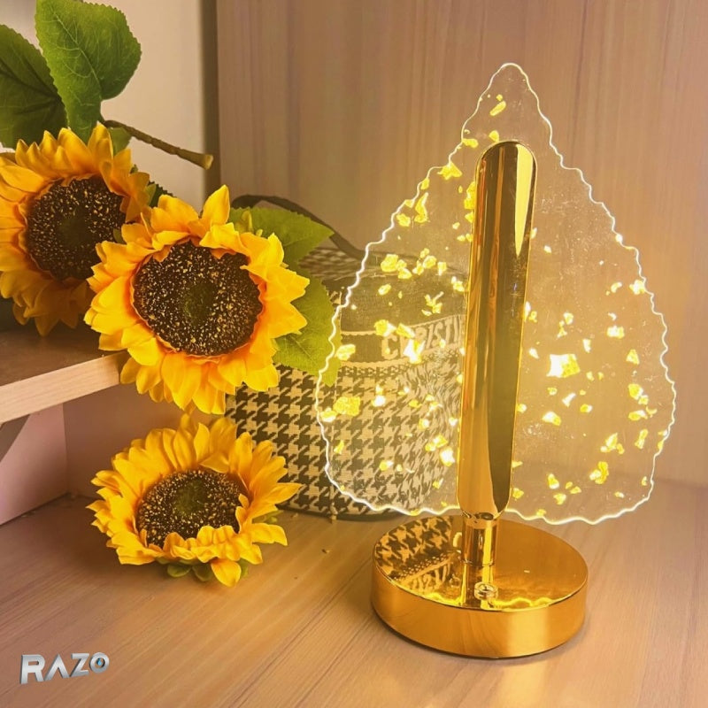 Lampa decorativa RAZO in forma de frunza, LED 3 culori, Touch dimabil, Reincarcabila USB, Baza aurie eleganta