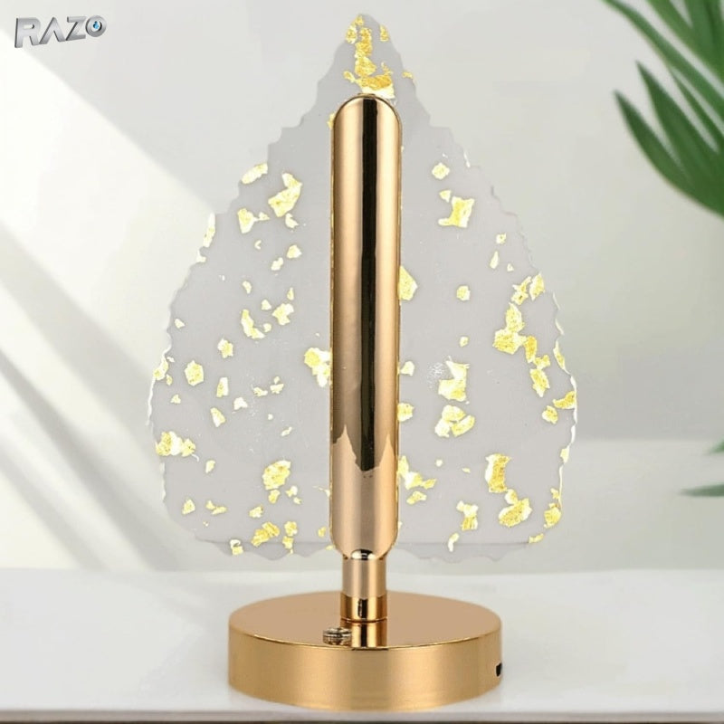 Lampa decorativa RAZO in forma de frunza, LED 3 culori, Touch dimabil, Reincarcabila USB, Baza aurie eleganta