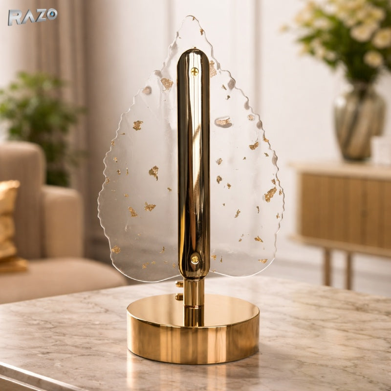 Lampa decorativa RAZO in forma de frunza, LED 3 culori, Touch dimabil, Reincarcabila USB, Baza aurie eleganta