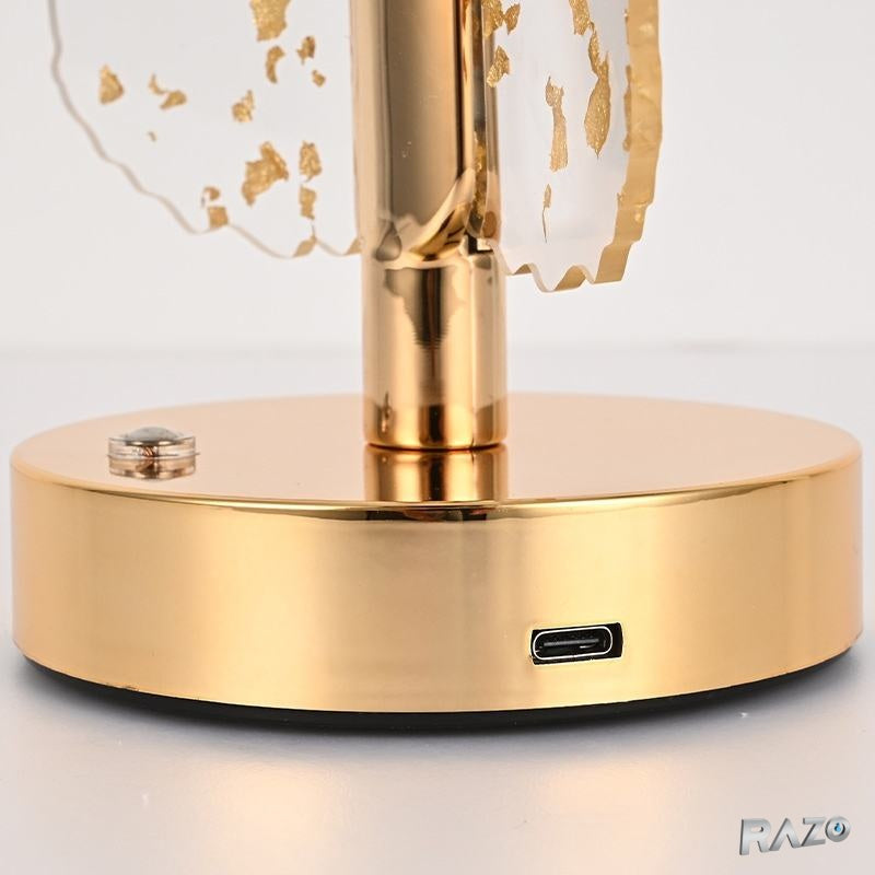 Lampa decorativa RAZO in forma de frunza, LED 3 culori, Touch dimabil, Reincarcabila USB, Baza aurie eleganta