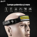 Lanterna frontala profesionala RAZO, LED 1000 lumeni, 3 benzi COB + XPE, Unghi iluminare 230°, Acumulator 1200mAh, Senzor miscare, Incarcare USB