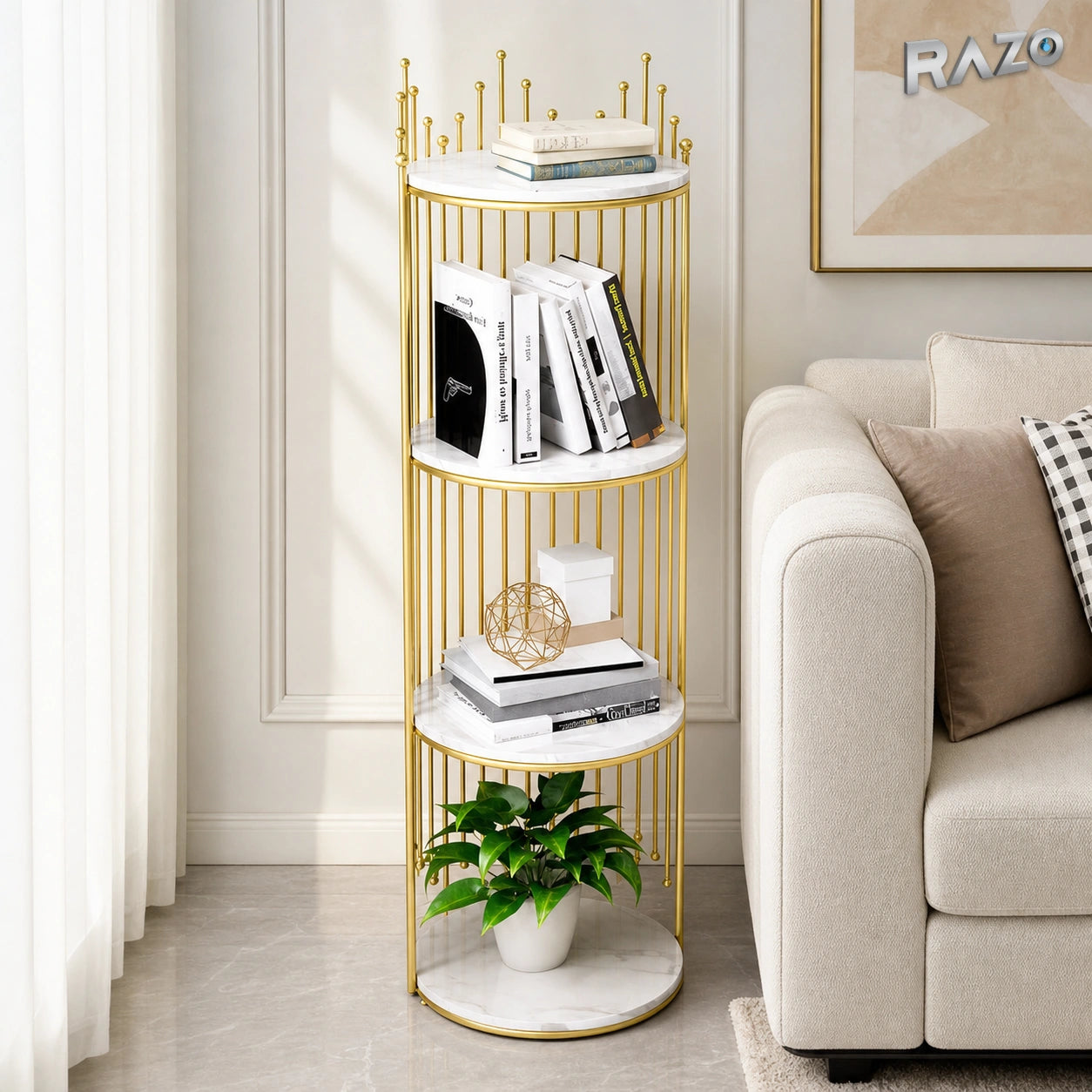 Etajeră decorativă rotundă cu 4 polițe RAZO, cu aspect de marmură, finisaj Auriu și Alb