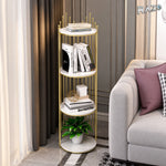 Etajeră decorativă rotundă cu 4 polițe RAZO, cu aspect de marmură, finisaj Auriu și Alb
