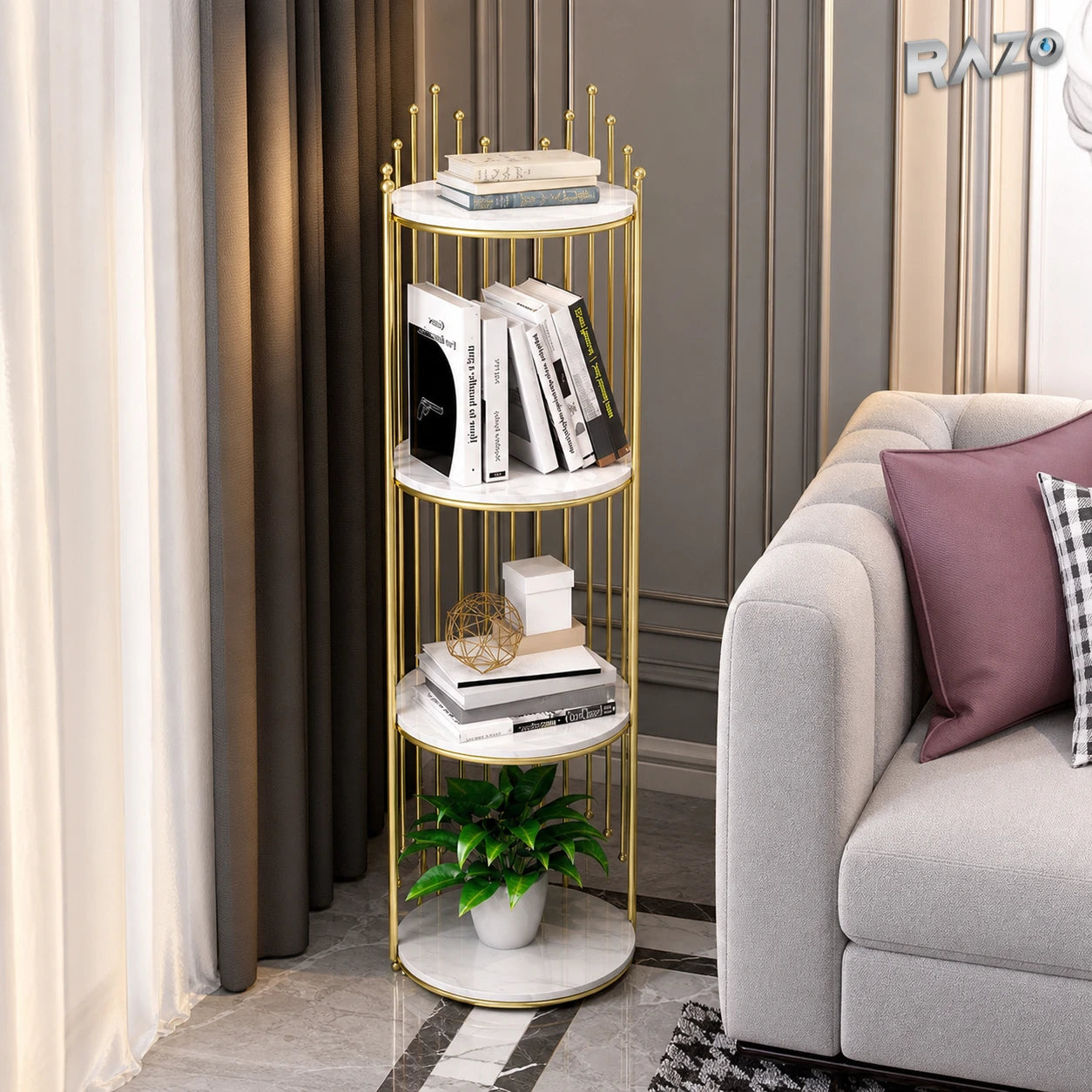 Etajeră decorativă rotundă cu 4 polițe RAZO, cu aspect de marmură, finisaj Auriu și Alb