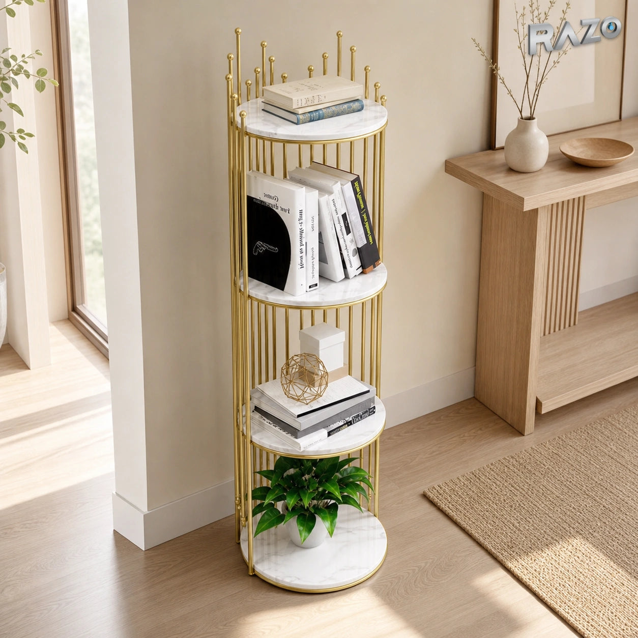 Etajeră decorativă rotundă cu 4 polițe RAZO, cu aspect de marmură, finisaj Auriu și Alb