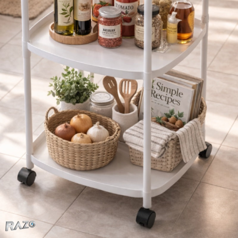 Masuta din plastic RAZO, 3 niveluri, 4 roti, Design compact pentru depozitare, Multifunctionala pentru baie, bucatarie, living, 64x39x39 cm, Alb