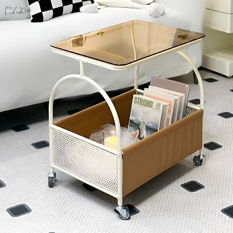Masuta portabila RAZO, Compartiment depozitare, Blat din sticla securizata 4 mm, Cadru metalic rezistent, 4 roti pivotante 360° cu frana, Design modern pentru living, dormitor, birou