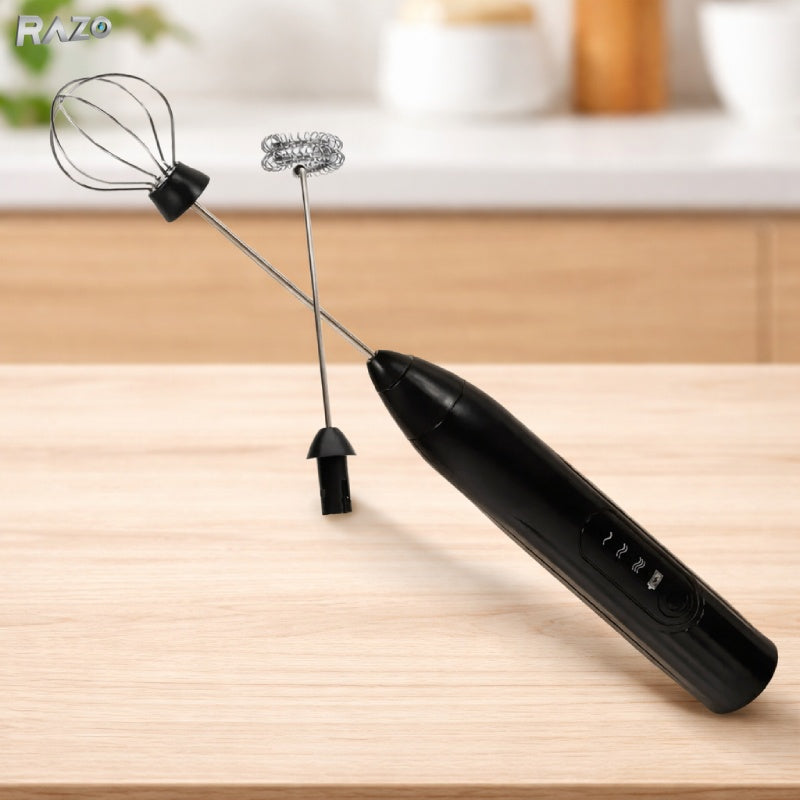 Mixer portabil RAZO, Acumulator, 3 viteze, 2 teluri, pentru frappe, cappuccino, oua, Incarcare USB, Design compact din inox, ABS, Ideal pentru acasa, birou, Negru