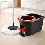 Mop cu galeata 16L RAZO, Pedala pentru stoarcere rotativa, Microfibra super absorbanta, Sistem curatare eficient, Negru-rosu