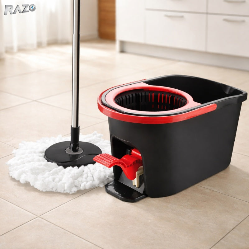 Mop cu galeata 16L RAZO, Pedala pentru stoarcere rotativa, Microfibra super absorbanta, Sistem curatare eficient, Negru-rosu