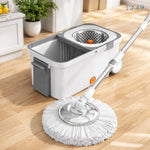 Mop rotativ 360° RAZO, Galeata din otel inoxidabil, 2 roti, Storcator centrifuga, 4 lavete din microfibra incluse, Sistem de evacuare apa, Alb-gri