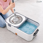 Mop rotativ 360° RAZO, Galeata din otel inoxidabil, 2 roti, Storcator centrifuga, 4 lavete din microfibra incluse, Sistem de evacuare apa, Alb-gri