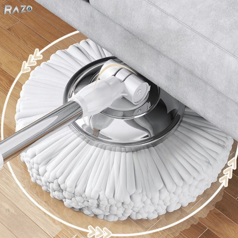 Mop rotativ 360° RAZO, Galeata din otel inoxidabil, 2 roti, Storcator centrifuga, 4 lavete din microfibra incluse, Sistem de evacuare apa, Alb-gri