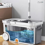 Mop rotativ 360° RAZO, Galeata din otel inoxidabil, 2 roti, Storcator centrifuga, 4 lavete din microfibra incluse, Sistem de evacuare apa, Alb-gri