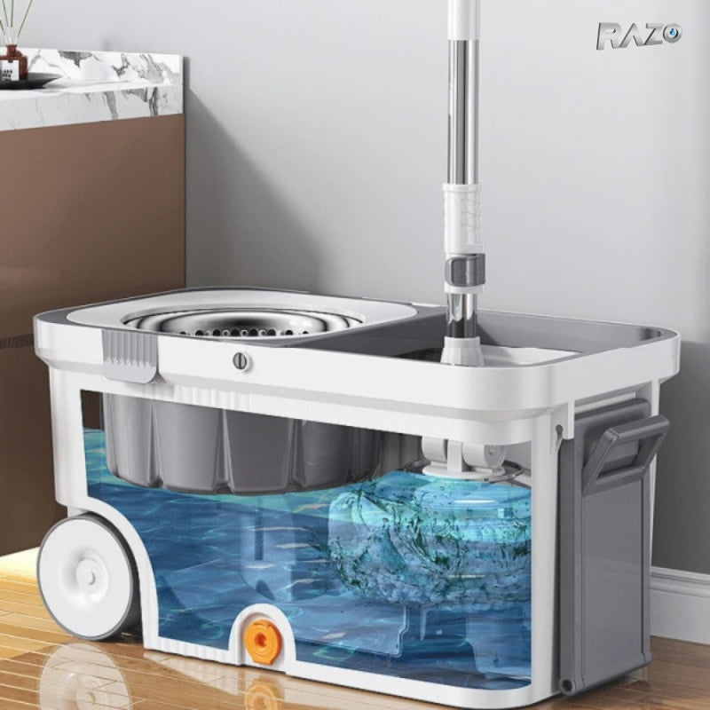 Mop rotativ 360° RAZO, Galeata din otel inoxidabil, 2 roti, Storcator centrifuga, 4 lavete din microfibra incluse, Sistem de evacuare apa, Alb-gri