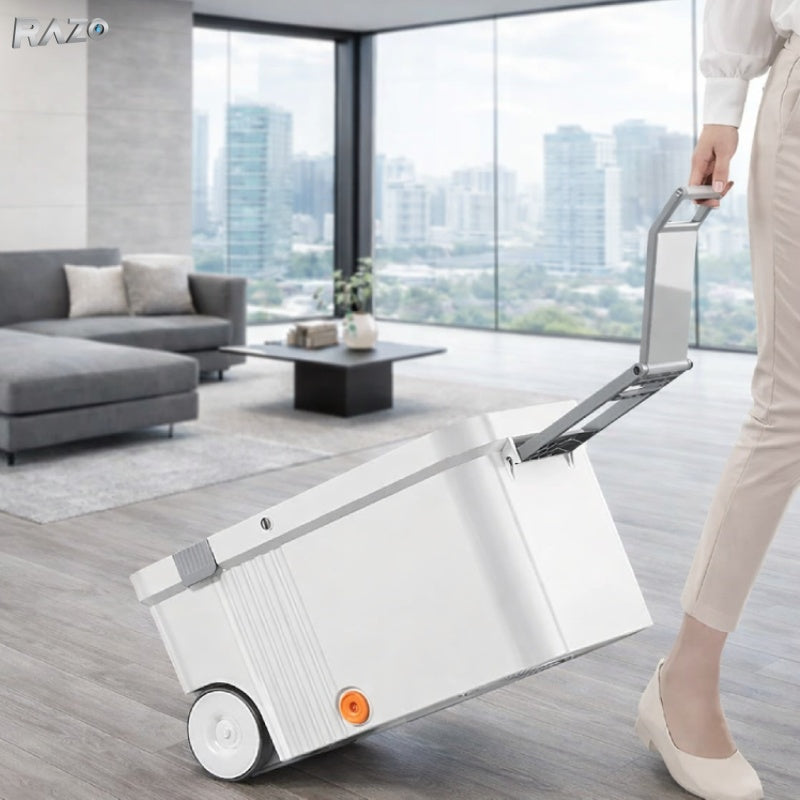 Mop rotativ 360° RAZO, Galeata din otel inoxidabil, 2 roti, Storcator centrifuga, 4 lavete din microfibra incluse, Sistem de evacuare apa, Alb-gri