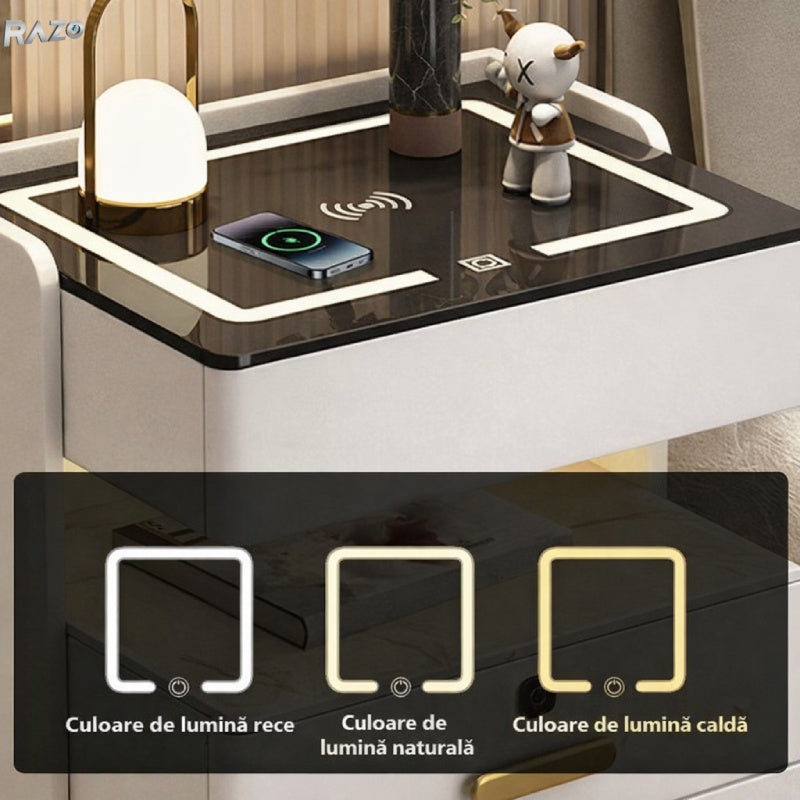 Noptiera RAZO inteligenta cu incarcare wireless, LED reglabil, Difuzor bluetooth, 3 sertare, Design modern, Gri deschis