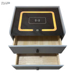 Noptiera RAZO multifuncționala, Iluminare LED, Tactila 3 culori, Incarcare wireless si USB, Boxa bluetooth, 2 sertare, Gri deschis