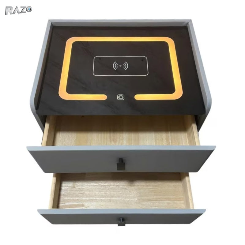 Noptiera RAZO multifuncționala, Iluminare LED, Tactila 3 culori, Incarcare wireless si USB, Boxa bluetooth, 2 sertare, Gri deschis