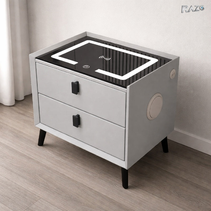 Noptiera RAZO multifuncționala, Iluminare LED, Tactila 3 culori, Incarcare wireless si USB, Boxa bluetooth, 2 sertare, Gri deschis