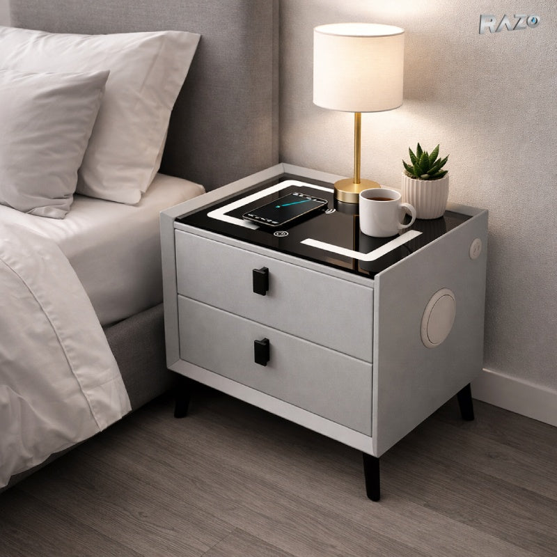 Noptiera RAZO multifuncționala, Iluminare LED, Tactila 3 culori, Incarcare wireless si USB, Boxa bluetooth, 2 sertare, Gri deschis