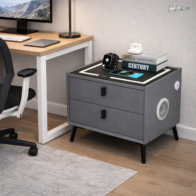 Noptiera RAZO multifuncționala, Iluminare LED, Tactila 3 culori, Incarcare wireless si USB, Boxa bluetooth, 2 sertare, Gri inchis
