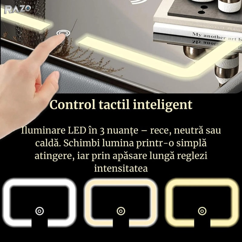 Noptiera RAZO multifuncționala, Iluminare LED, Tactila 3 culori, Incarcare wireless si USB, Boxa bluetooth, 2 sertare, Gri inchis