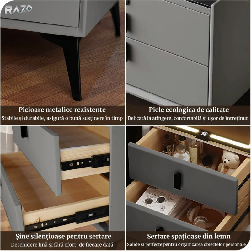 Noptiera RAZO multifuncționala, Iluminare LED, Tactila 3 culori, Incarcare wireless si USB, Boxa bluetooth, 2 sertare, Gri inchis