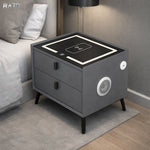 Noptiera RAZO multifuncționala, Iluminare LED, Tactila 3 culori, Incarcare wireless si USB, Boxa bluetooth, 2 sertare, Gri inchis