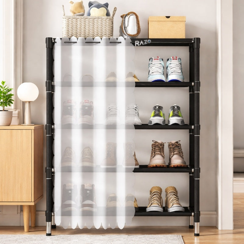 Organizator pantofi RAZO, 5 rafturi, Suport incaltaminte metalic, Husa antipraf, Capacitate 15–20 perechi, Design compact pentru hol, dressing, 58x26x78 cm, Negru