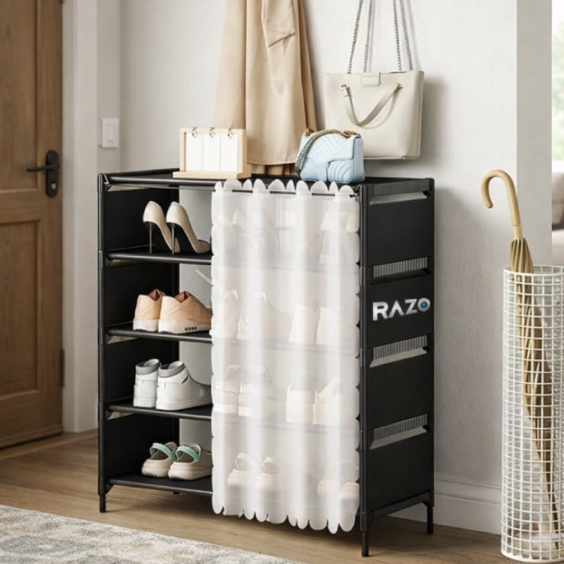Organizator pantofi RAZO, 5 rafturi, Suport incaltaminte metalic, Husa antipraf, Capacitate 15–20 perechi, Design compact pentru hol, dressing, 58x26x78 cm, Negru