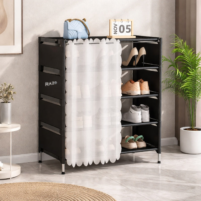 Organizator pantofi RAZO, 5 rafturi, Suport incaltaminte metalic, Husa antipraf, Capacitate 15–20 perechi, Design compact pentru hol, dressing, 58x26x78 cm, Negru