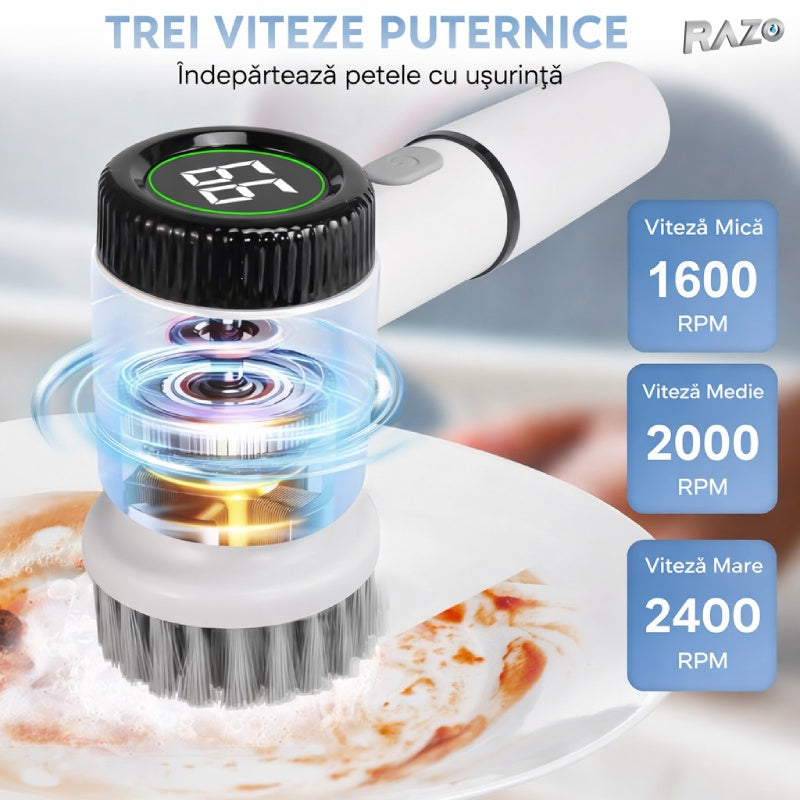 Perie electrica de curatare 5 in 1 RAZO, Reincarcabila USB, 3 viteze, 5 capete interschimbabile, Rotatie 360°, Baterie 1200mAh