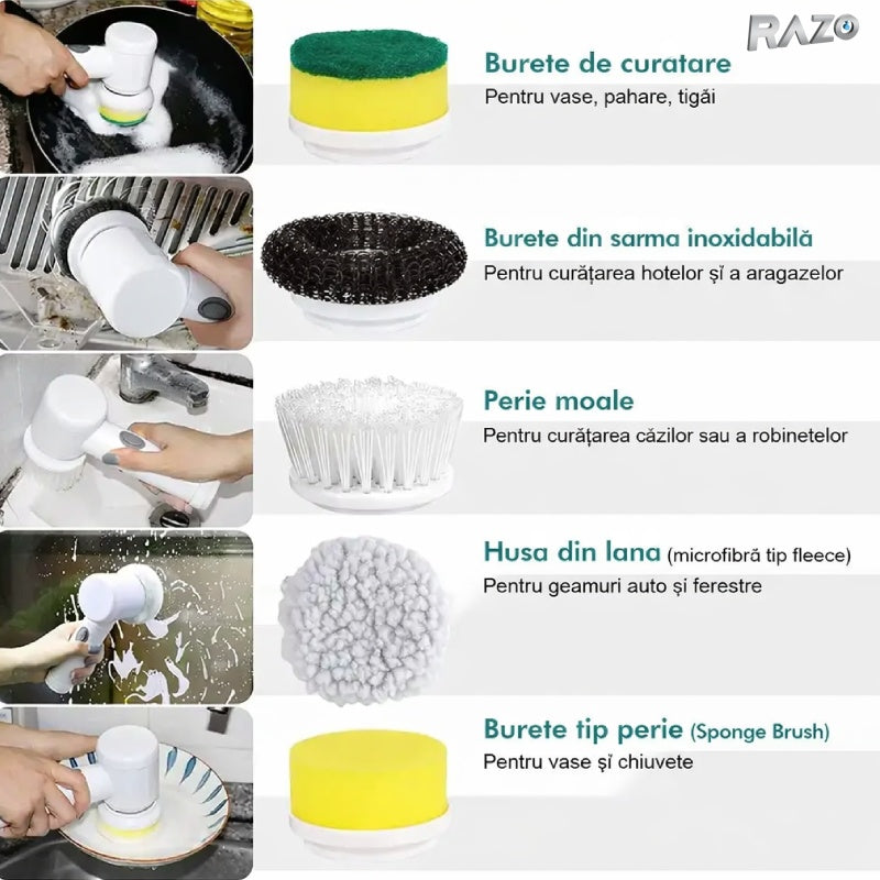 Perie rotativa electrica RAZO GlowClean Magic Brush, Aparat curatare baie, bucatarie, 3 accesorii interschimbabile, Compacta si ergonomica, Functionare cu 4 baterii AA