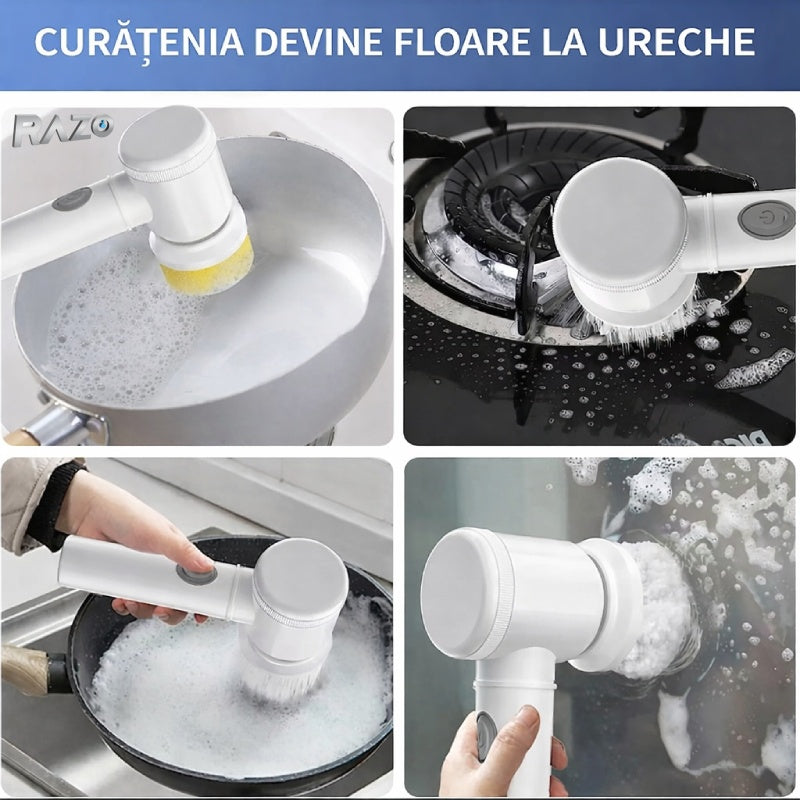 Perie rotativa electrica RAZO GlowClean Magic Brush, Aparat curatare baie, bucatarie, 3 accesorii interschimbabile, Compacta si ergonomica, Functionare cu 4 baterii AA