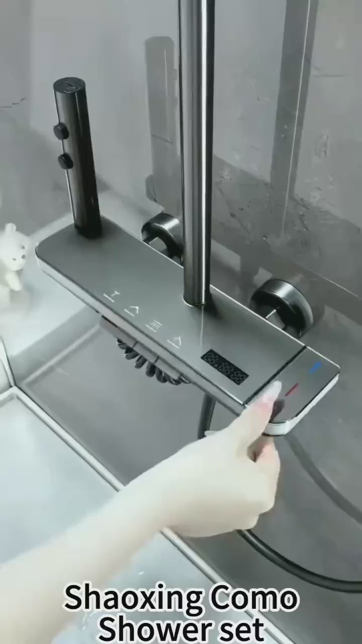 Sistem de duș termostatic din aluminiu, cu afișaj digital, panou Galaxy și cap dreptunghiular, gri