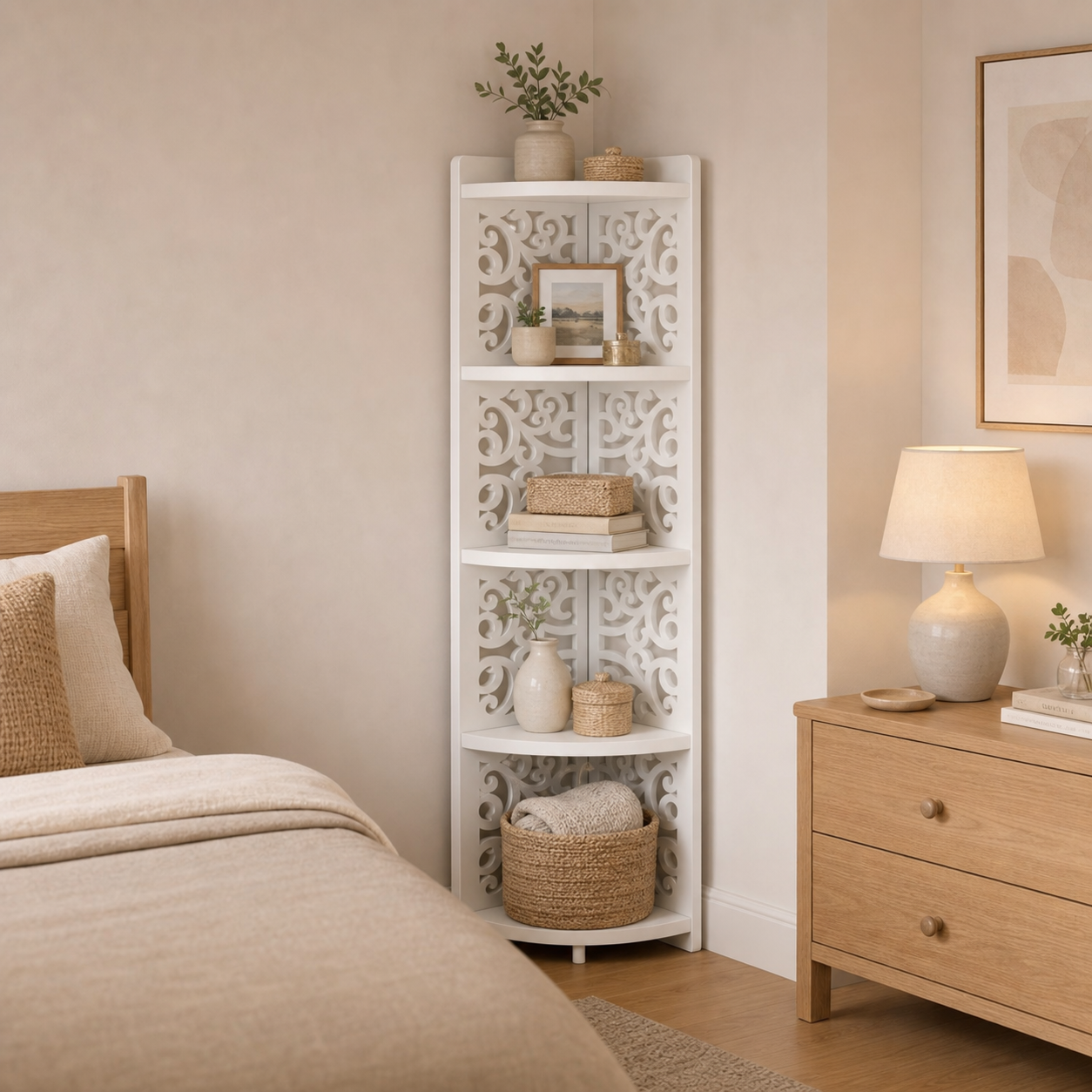Raft decorativ de colt RAZO, 5 niveluri, 120x33x23cm, Alb