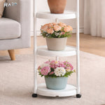 Raft flori rotund RAZO, 4 niveluri, Design minimalist, Tavite colectare apa, 3 roti, Etajera verticala pentru interior, balcon, 132x31 cm, Alb