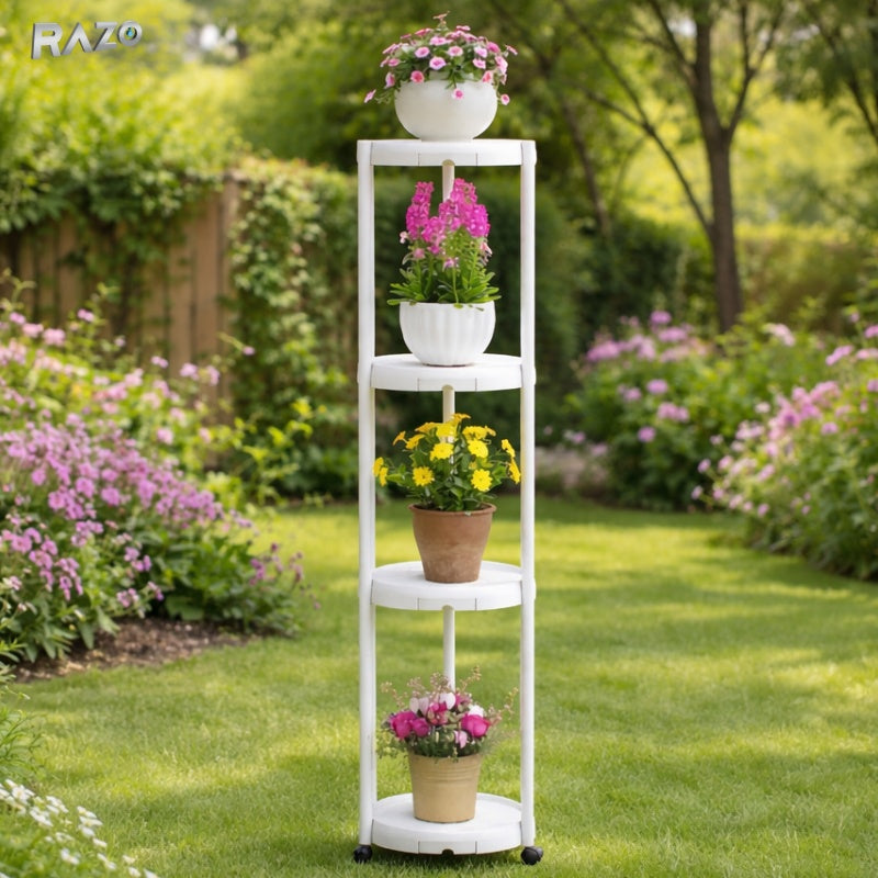 Raft flori rotund RAZO, 4 niveluri, Design minimalist, Tavite colectare apa, 3 roti, Etajera verticala pentru interior, balcon, 132x31 cm, Alb