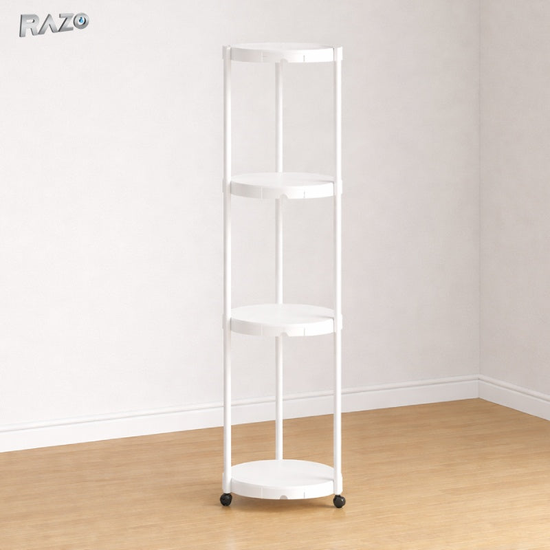 Raft flori rotund RAZO, 4 niveluri, Design minimalist, Tavite colectare apa, 3 roti, Etajera verticala pentru interior, balcon, 132x31 cm, Alb