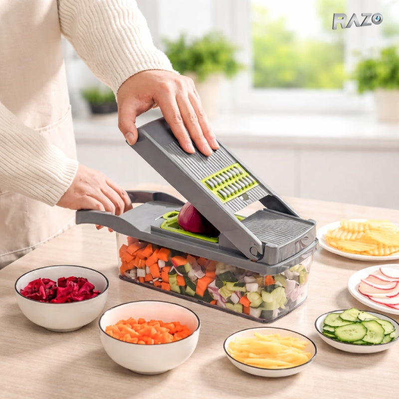 Razatoare multifunctionala RAZO pentru legume, fructe, Set 14 piese cu lame interschimbabile, Taiere cuburi 12/18 mm, Feliere, Radere, Maruntire, Maner protectie, Gri-verde