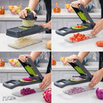 Razatoare multifunctionala RAZO pentru legume, fructe, Set 14 piese cu lame interschimbabile, Taiere cuburi 12/18 mm, Feliere, Radere, Maruntire, Maner protectie, Gri-verde