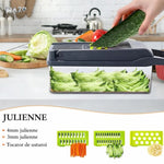 Razatoare multifunctionala RAZO pentru legume, fructe, Set 14 piese cu lame interschimbabile, Taiere cuburi 12/18 mm, Feliere, Radere, Maruntire, Maner protectie, Gri-verde