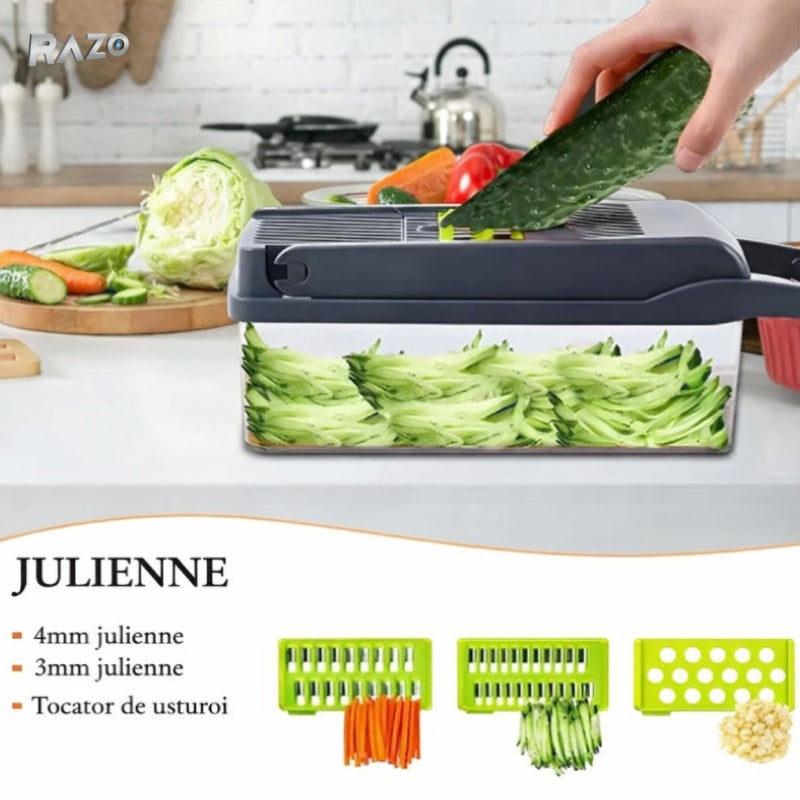 Razatoare multifunctionala RAZO pentru legume, fructe, Set 14 piese cu lame interschimbabile, Taiere cuburi 12/18 mm, Feliere, Radere, Maruntire, Maner protectie, Gri-verde