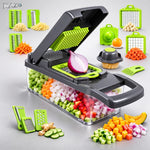 Razatoare multifunctionala RAZO pentru legume, fructe, Set 14 piese cu lame interschimbabile, Taiere cuburi 12/18 mm, Feliere, Radere, Maruntire, Maner protectie, Gri-verde