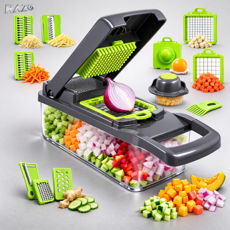 Razatoare multifunctionala RAZO pentru legume, fructe, Set 14 piese cu lame interschimbabile, Taiere cuburi 12/18 mm, Feliere, Radere, Maruntire, Maner protectie, Gri-verde