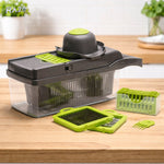 Razatoare multifunctionala RAZO pentru legume, fructe, Set 14 piese cu lame interschimbabile, Taiere cuburi 12/18 mm, Feliere, Radere, Maruntire, Maner protectie, Gri-verde