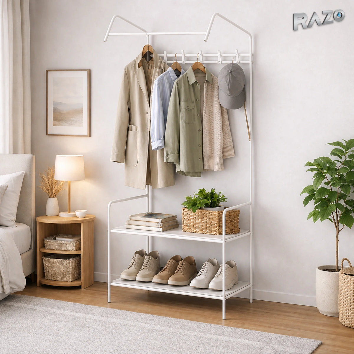 Raft pentru haine si pantofi 2 in 1 RAZO, Suport metalic pliabil, Bara pentru umerase, Polita pantofi, 166x60x32 cm, Alb