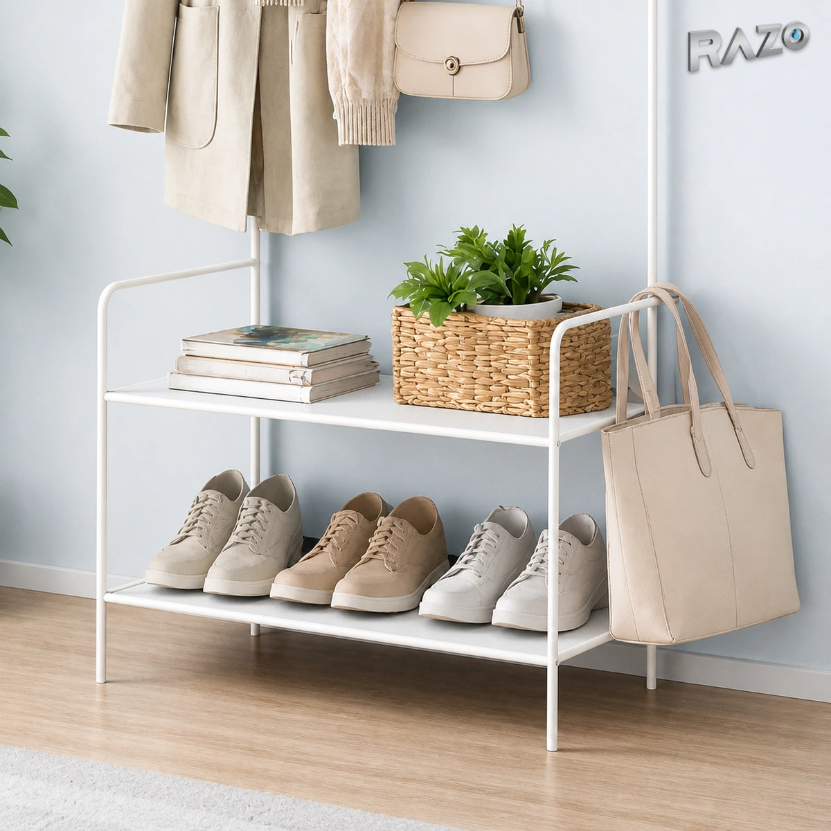 Raft pentru haine si pantofi 2 in 1 RAZO, Suport metalic pliabil, Bara pentru umerase, Polita pantofi, 166x60x32 cm, Alb